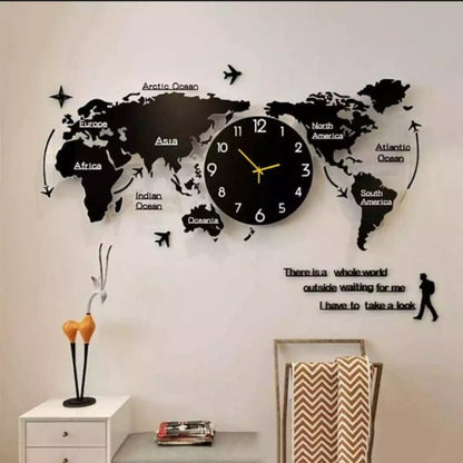 3D Digital World Map Wooden Wall Clock