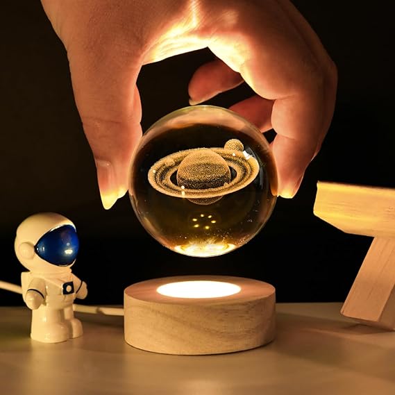 3D Galaxy Solar System Crystal Ball  with Wooden Base