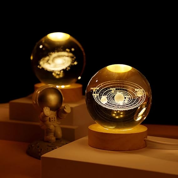 3D Galaxy Solar System Crystal Ball  with Wooden Base