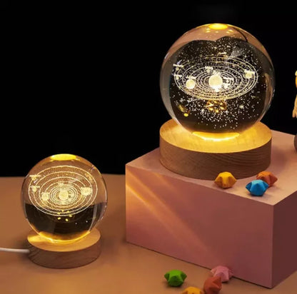 3D Galaxy Solar System Crystal Ball  with Wooden Base