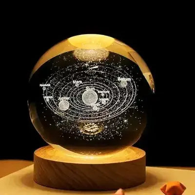 3D Galaxy Solar System Crystal Ball  with Wooden Base