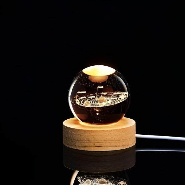 3D Galaxy Solar System Crystal Ball  with Wooden Base