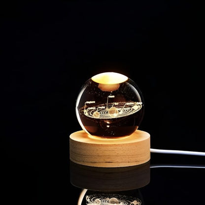 3D Galaxy Solar System Crystal Ball  with Wooden Base