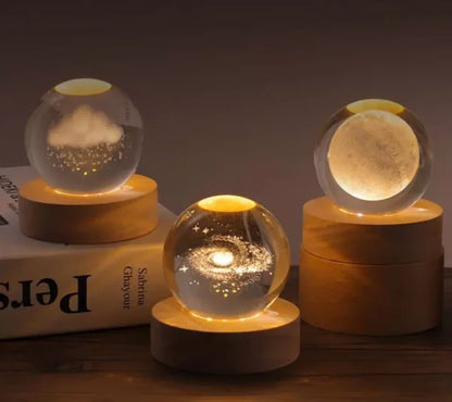 3D Galaxy Solar System Crystal Ball  with Wooden Base