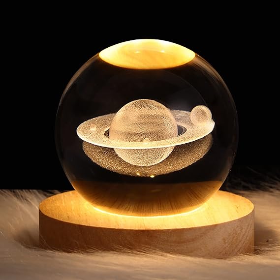 3D Galaxy Solar System Crystal Ball  with Wooden Base