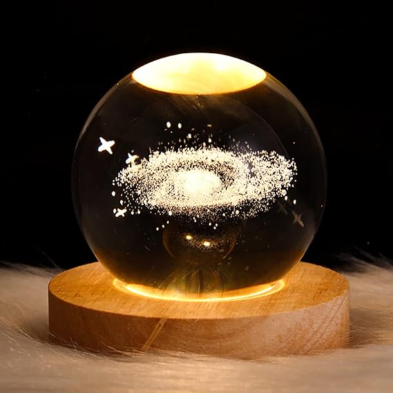 3D Galaxy Solar System Crystal Ball  with Wooden Base