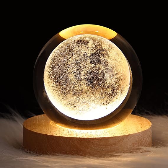 3D Galaxy Solar System Crystal Ball  with Wooden Base